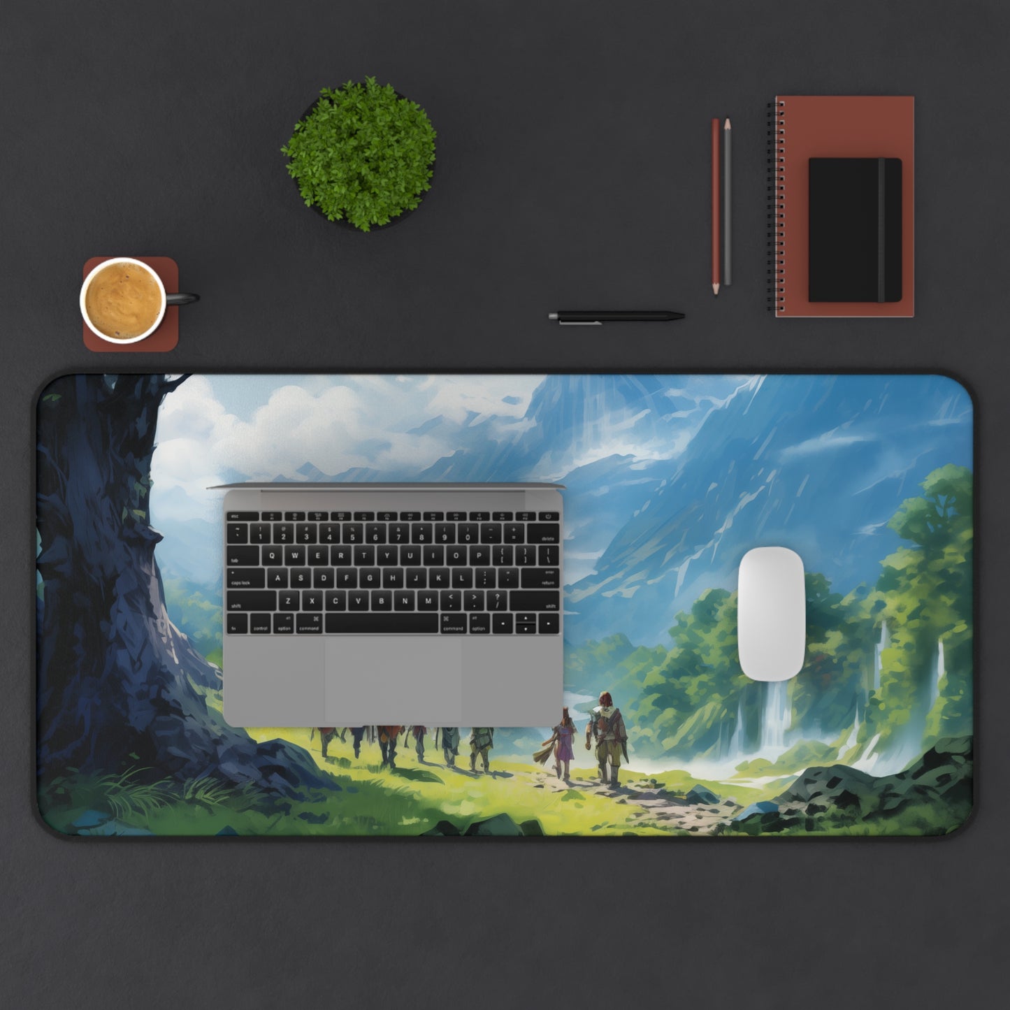 Epic Fantasy Friends Collection - "Beginning of a Long Journey" Watercolor Art Work Design - Neoprene Gaming Desk Mat / Cover