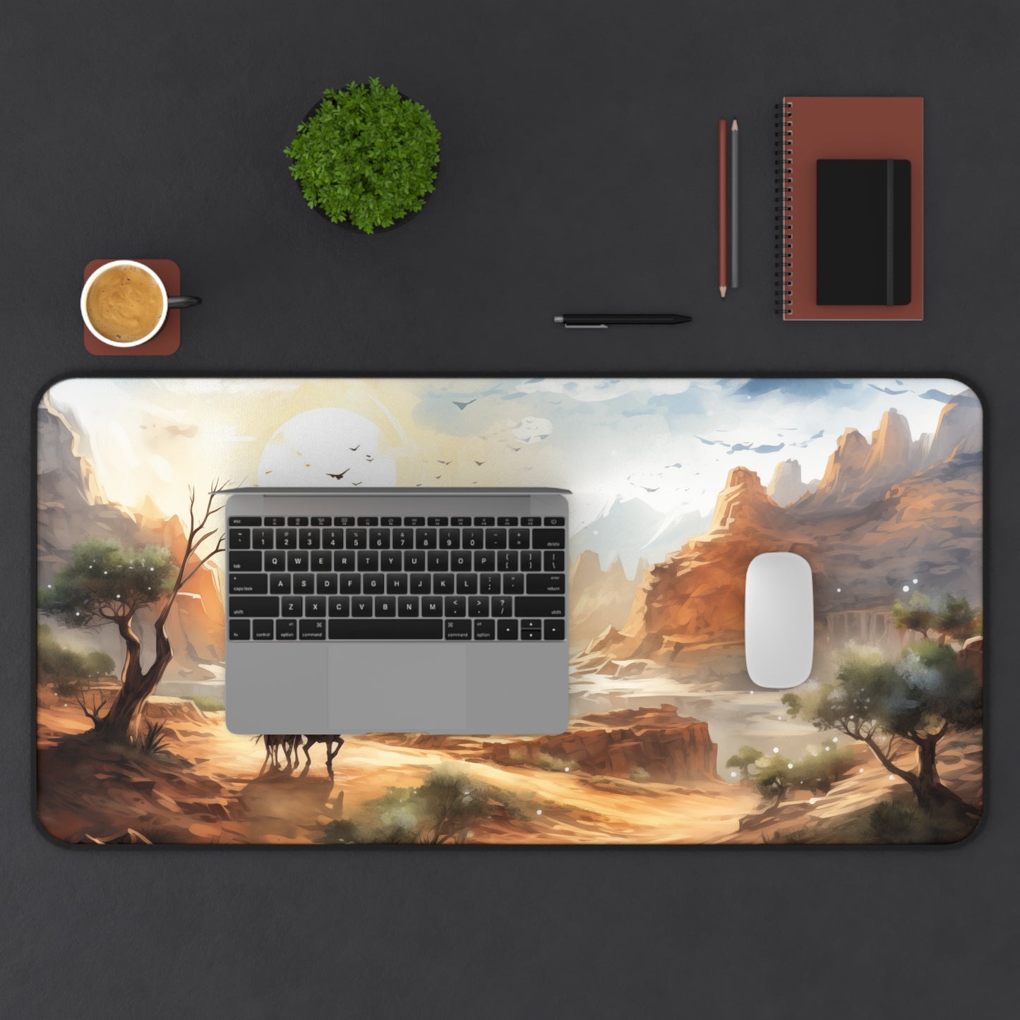 Epic Fantasy Friends Collection - "Mighty Crater of Desert-Valley" Watercolor Art Work Design - Neoprene Gaming Desk Mat / Cover