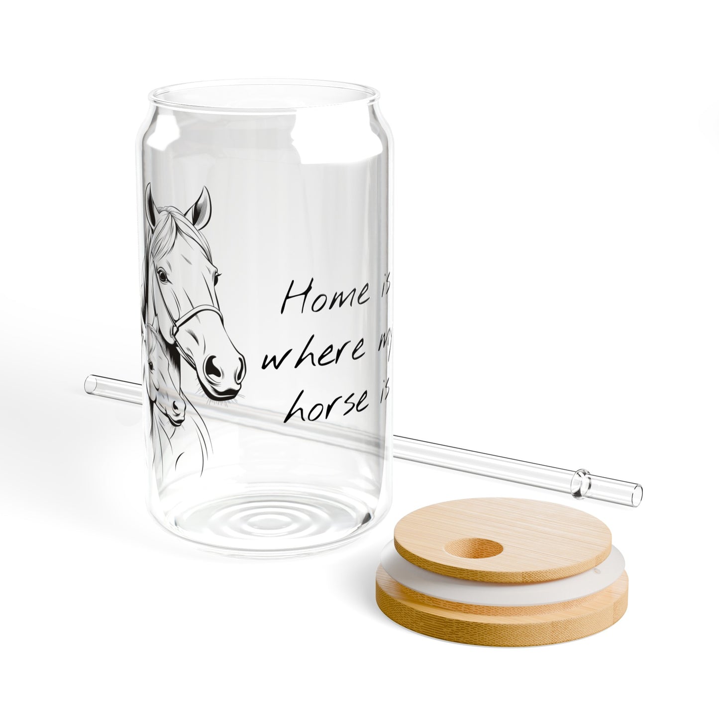 Horse Enthusiasts Sipper Glass / Glass Tumbler Transparent Horse with Baby - "Home is where my horse is" - 16oz (0,473 l) - Perfect Gift