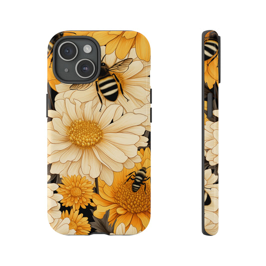 Bee and Flower Pattern Drawing Style Phone Case / Beautiful Color Case - Tough Cases for iPhone 15, iPhone 14 and iPhone 13