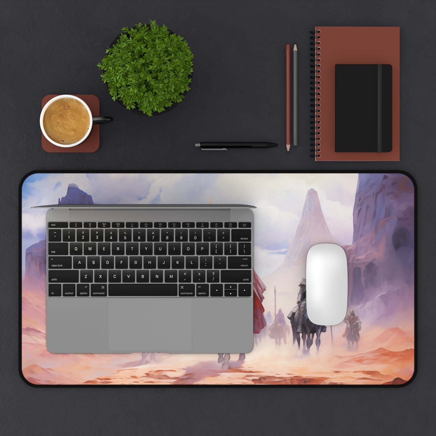 Epic Fantasy Friends Collection - "Mystical Guardians of the Desert" Watercolor Art Work Design - Neoprene Gaming Desk Mat / Cover