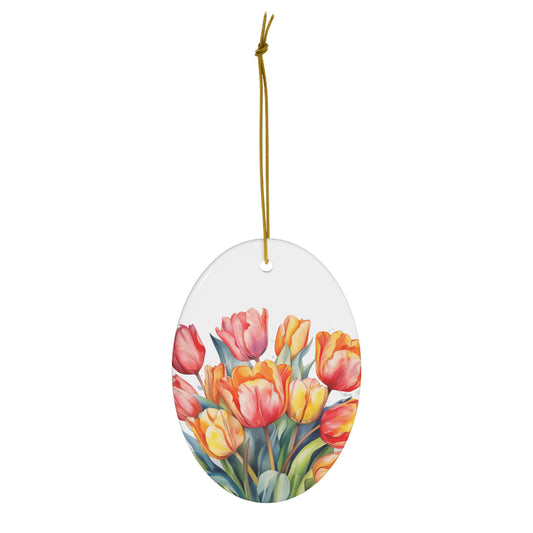 Happy Easter Tulip Watercolor Design Ceramic Ornament, 1-Pack