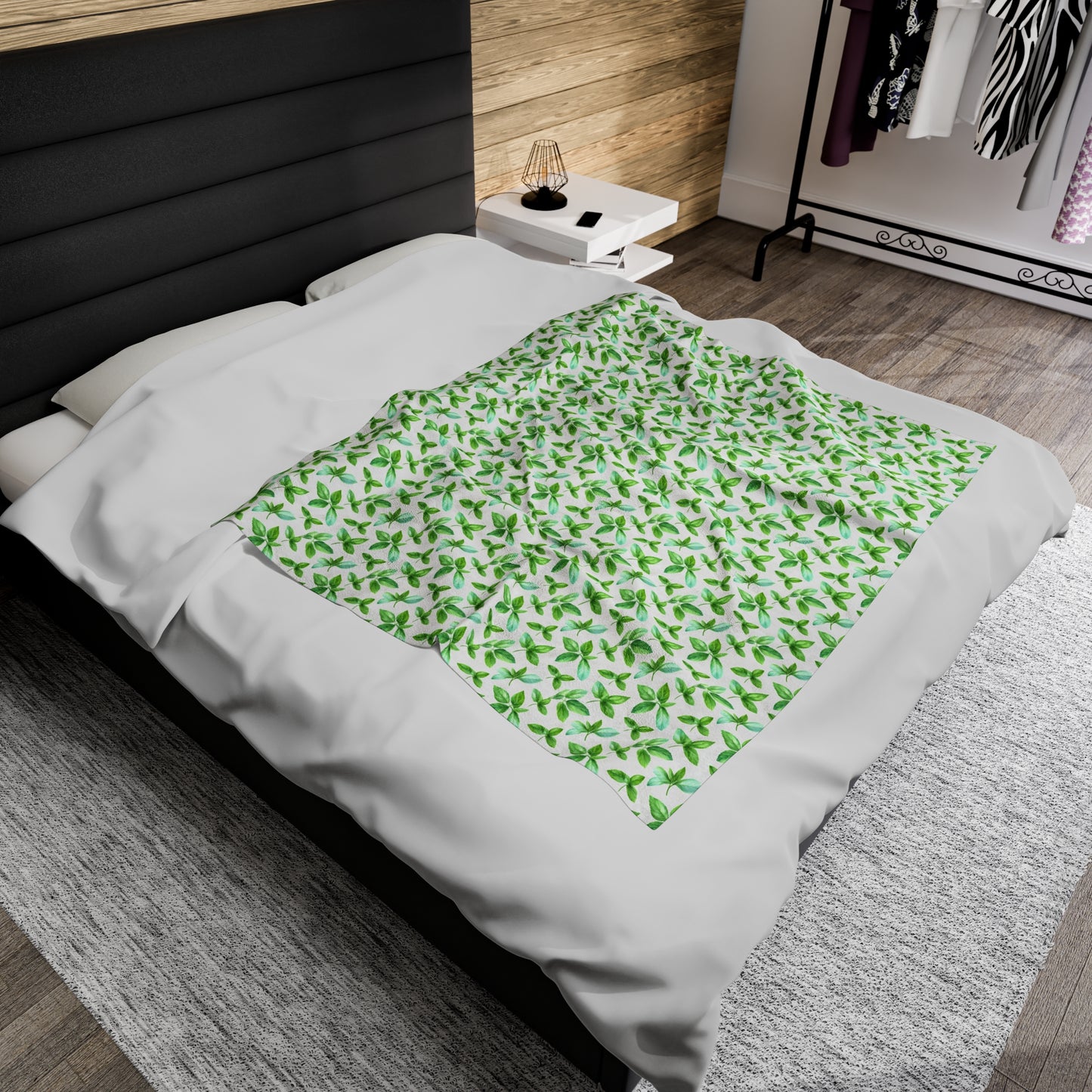 Gardening Lovers Collection - "Mint (Mentha spp.)" Herbal Watercolor Garden Plants Pattern Blanket - Velveteen Plush - Perfect Gift