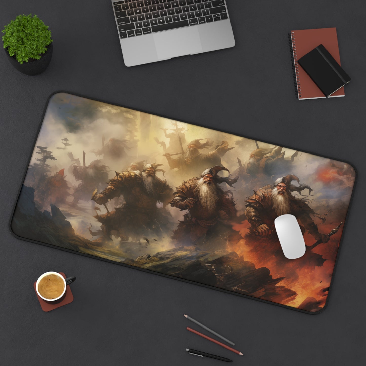 Epic Fantasy Friends Collection - "7 Battle-Dwarves" Watercolor Art Work Design - Neoprene Gaming Desk Mat / Cover