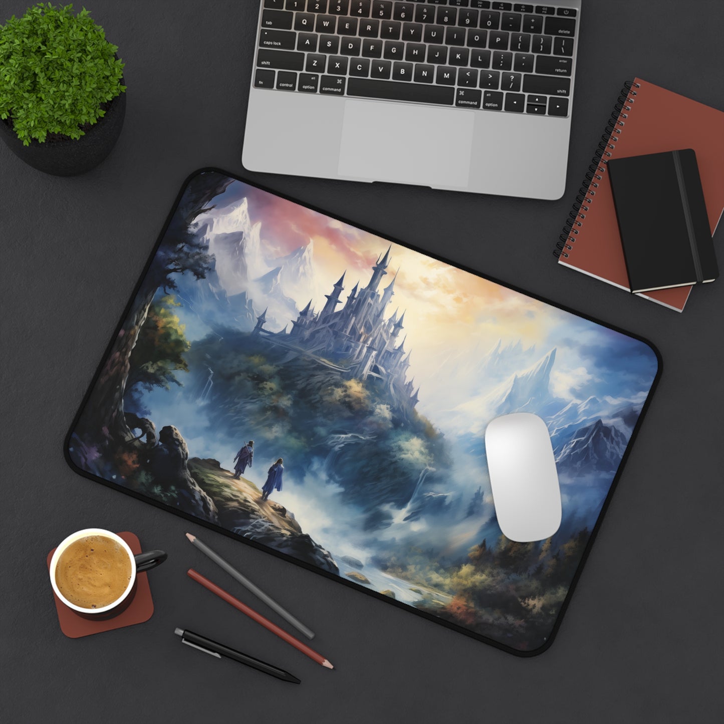 Epic Fantasy Friends Collection - "First Glance at Fortress Hope" Watercolor Art Work Design - Neoprene Gaming Desk Mat / Cover