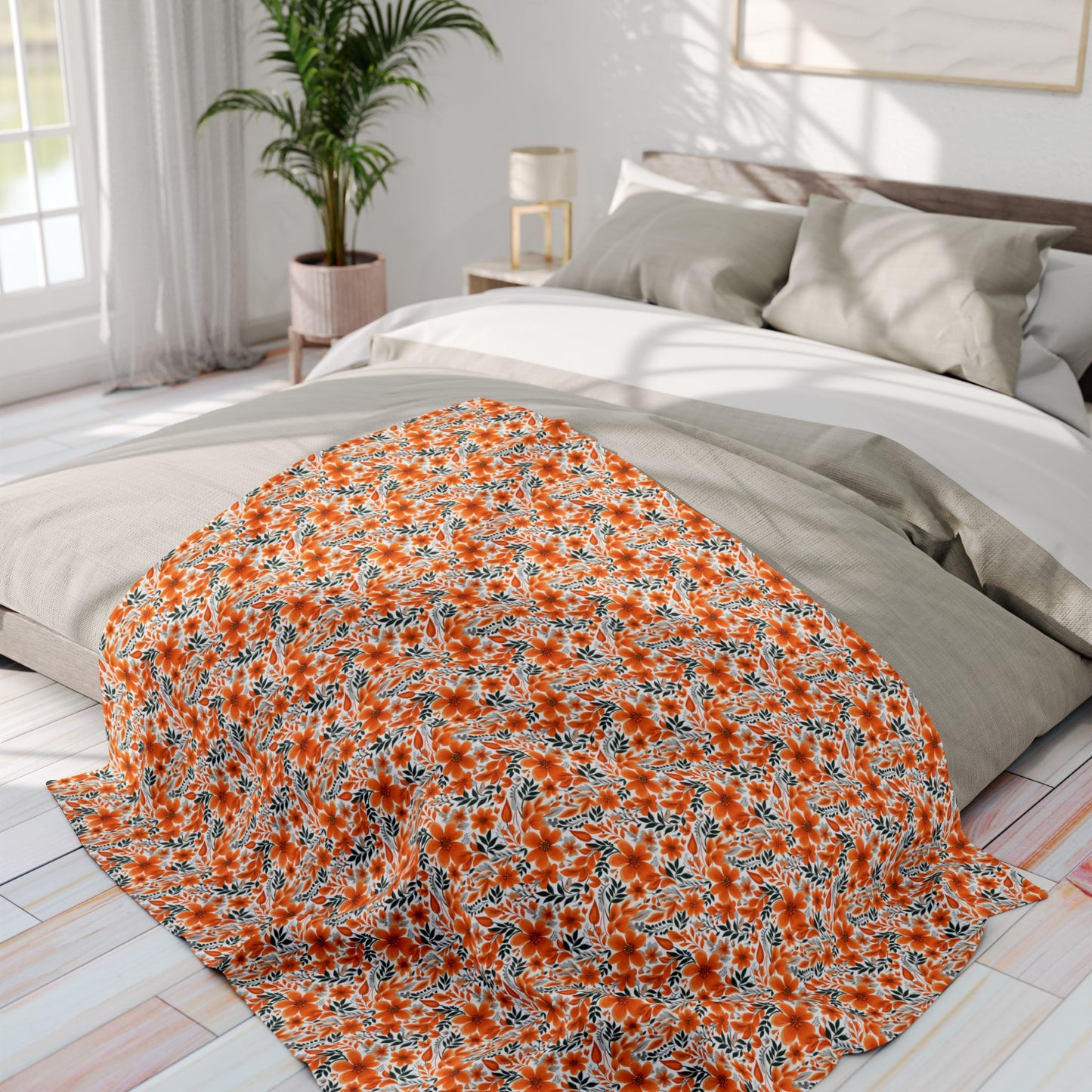 Wonderful Orange Floral Flower Summer Pattern Style Design Arctic Fleece Blanket