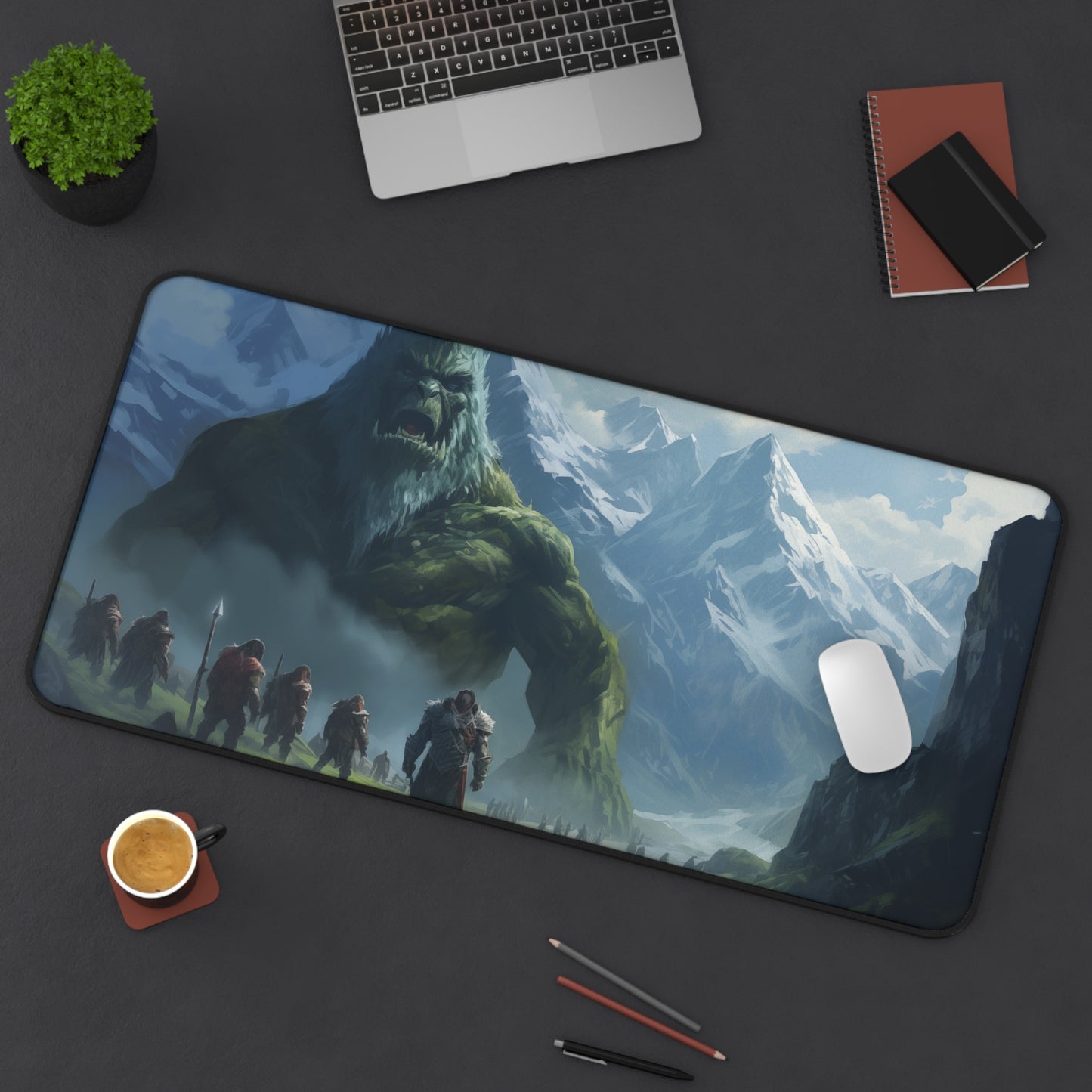 Epic Fantasy Friends Collection - "Waking a Mountain" Watercolor Art Work Design - Neoprene Gaming Desk Mat / Cover