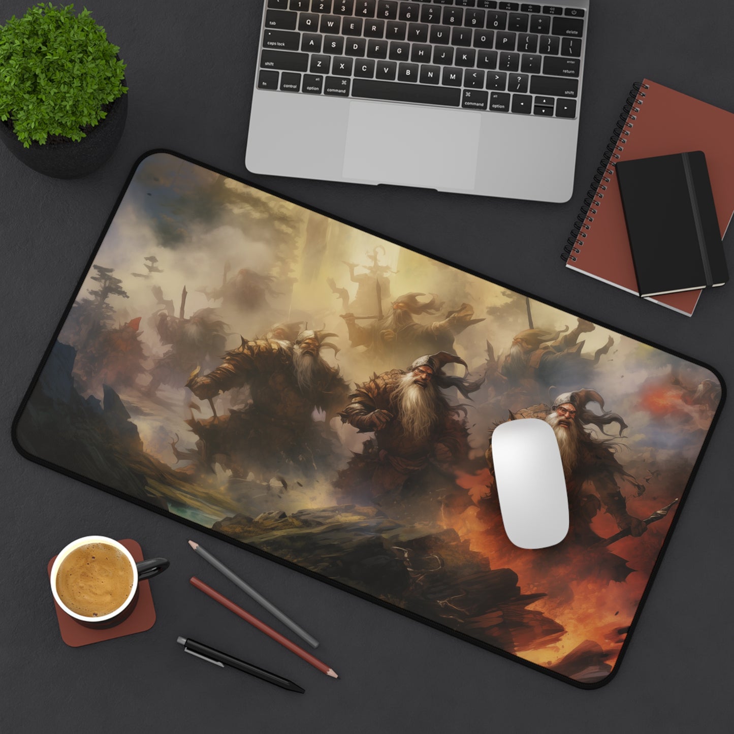 Epic Fantasy Friends Collection - "7 Battle-Dwarves" Watercolor Art Work Design - Neoprene Gaming Desk Mat / Cover