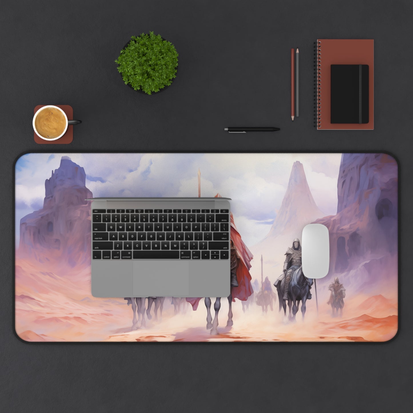 Epic Fantasy Friends Collection - "Mystical Guardians of the Desert" Watercolor Art Work Design - Neoprene Gaming Desk Mat / Cover