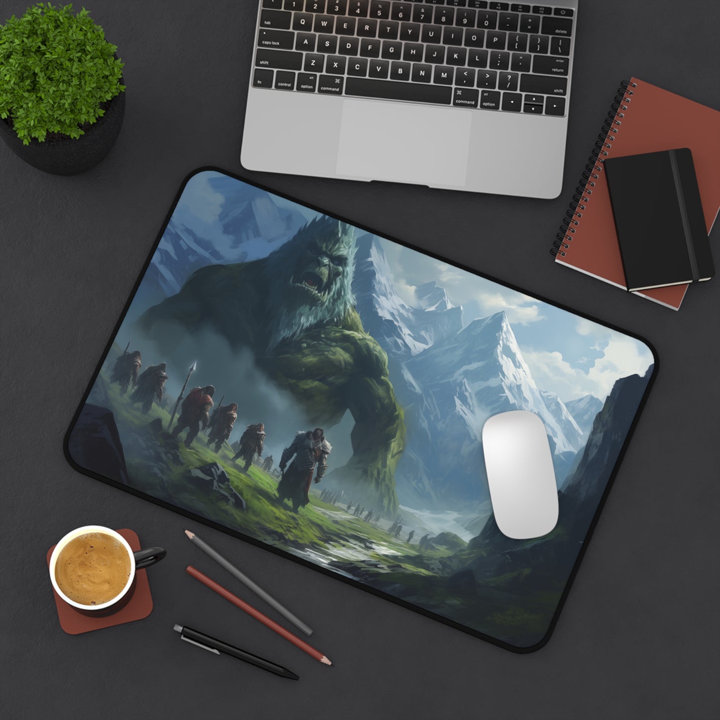 Epic Fantasy Friends Collection - "Waking a Mountain" Watercolor Art Work Design - Neoprene Gaming Desk Mat / Cover