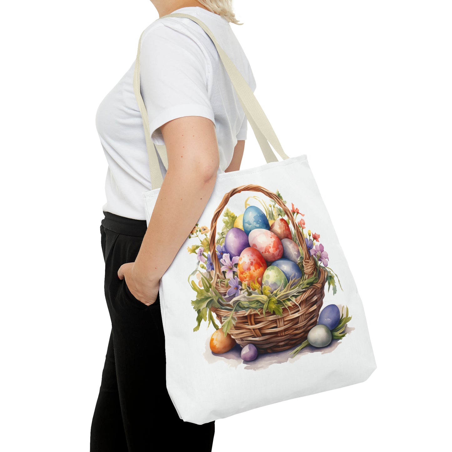 Happy Easter Basket / Egg Basket Watercolor Design Tote Bag