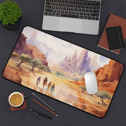 Epic Fantasy Friends Collection - "Finding Shelter in the Desert" Watercolor Art Work Design - Neoprene Gaming Desk Mat / Cover