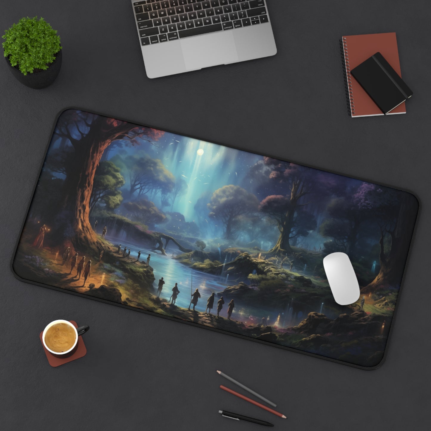 Epic Fantasy Friends Collection - "Mystical Night in Elven Shire" Watercolor Art Work Design - Neoprene Gaming Desk Mat / Cover