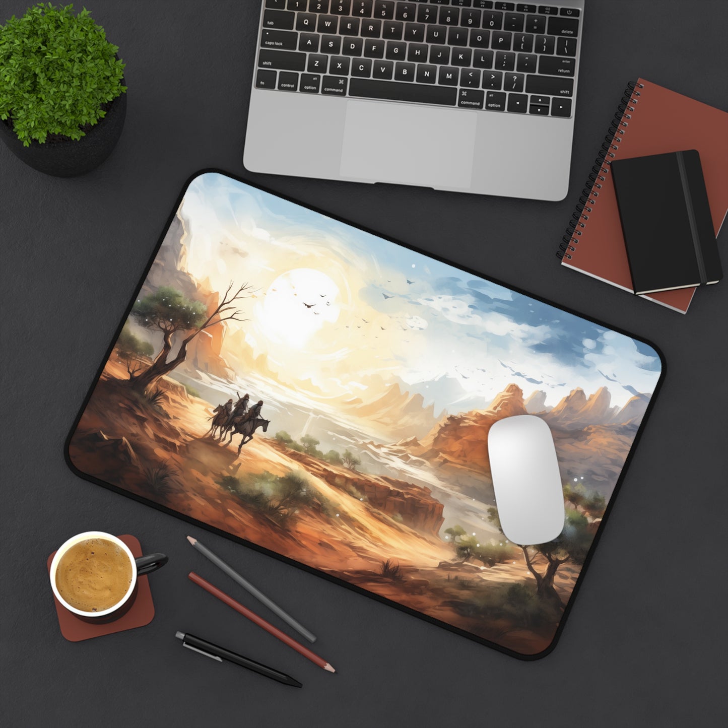 Epic Fantasy Friends Collection - "Mighty Crater of Desert-Valley" Watercolor Art Work Design - Neoprene Gaming Desk Mat / Cover