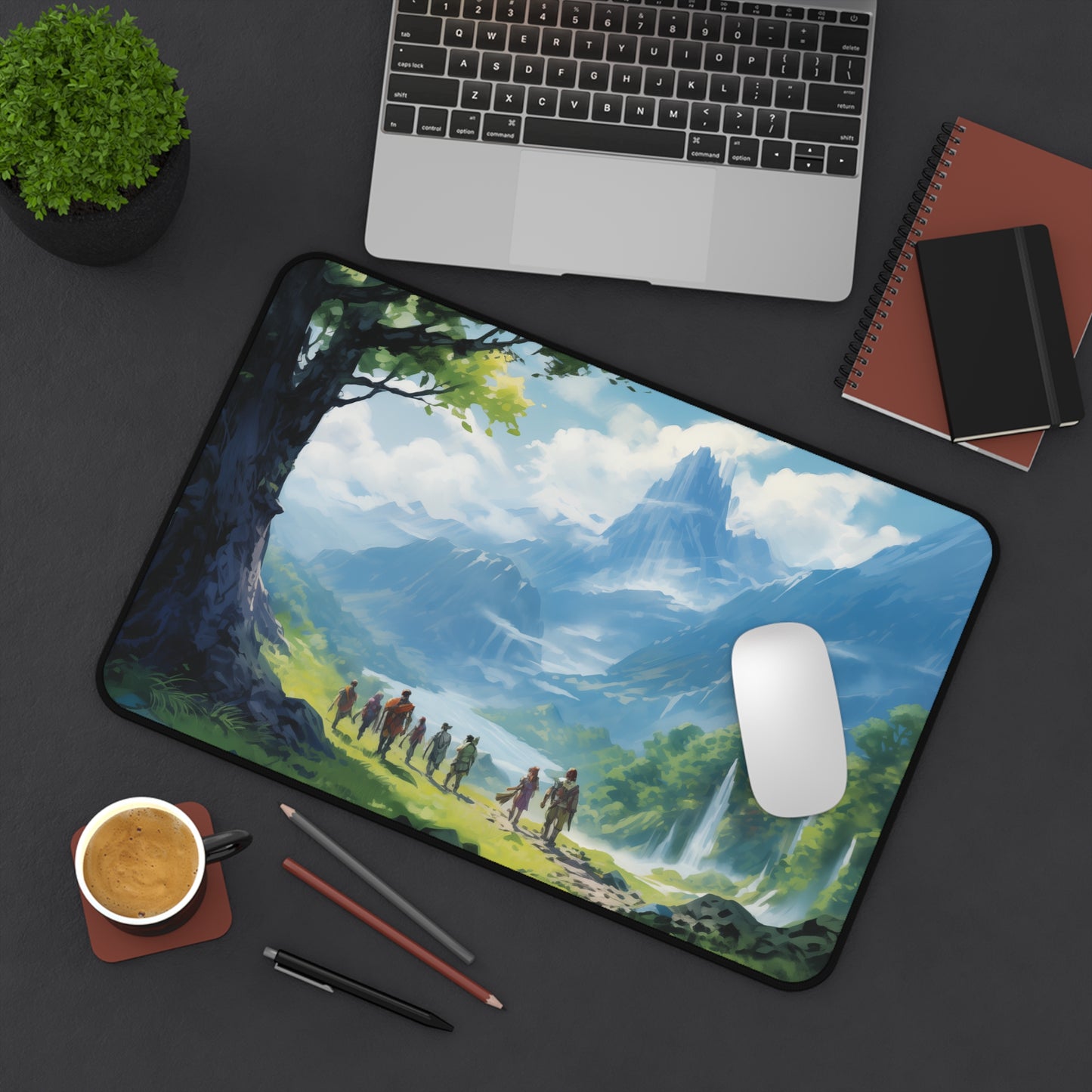 Epic Fantasy Friends Collection - "Beginning of a Long Journey" Watercolor Art Work Design - Neoprene Gaming Desk Mat / Cover