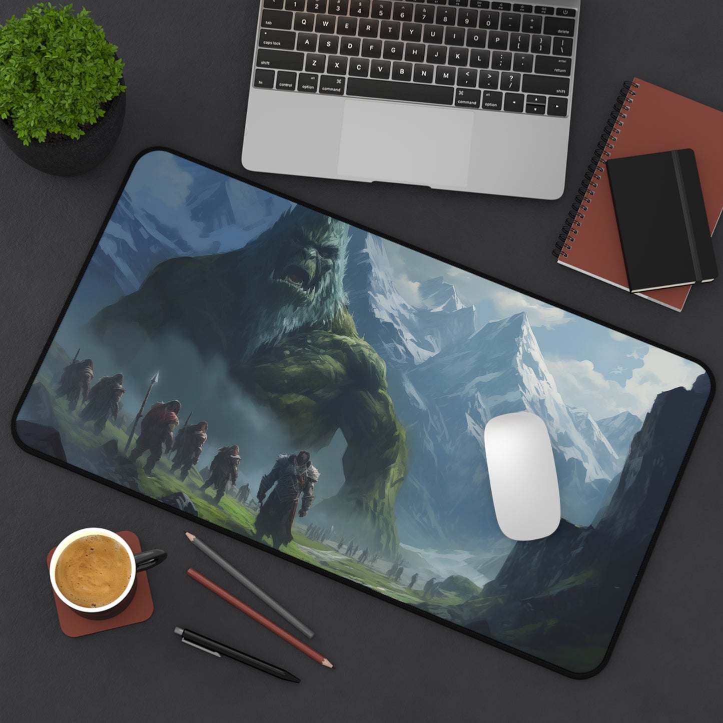 Epic Fantasy Friends Collection - "Waking a Mountain" Watercolor Art Work Design - Neoprene Gaming Desk Mat / Cover