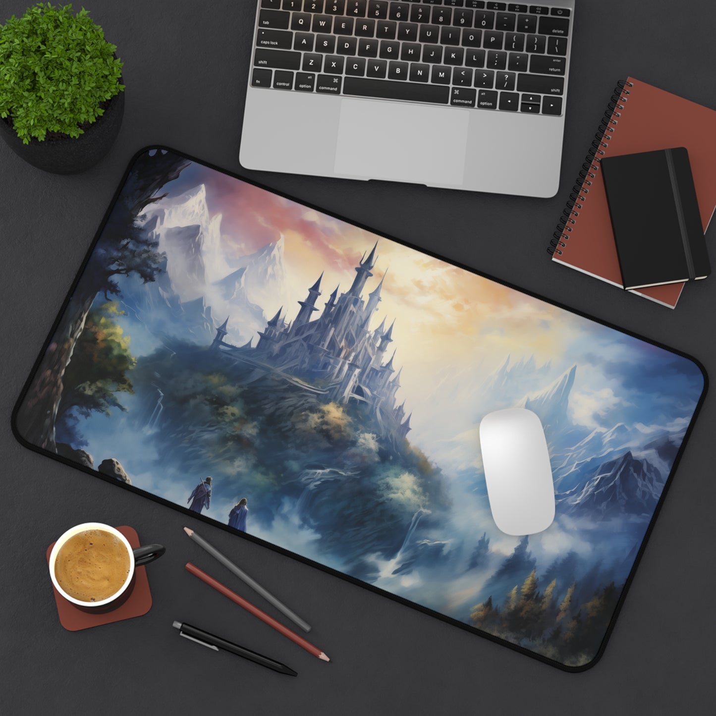 Epic Fantasy Friends Collection - "First Glance at Fortress Hope" Watercolor Art Work Design - Neoprene Gaming Desk Mat / Cover