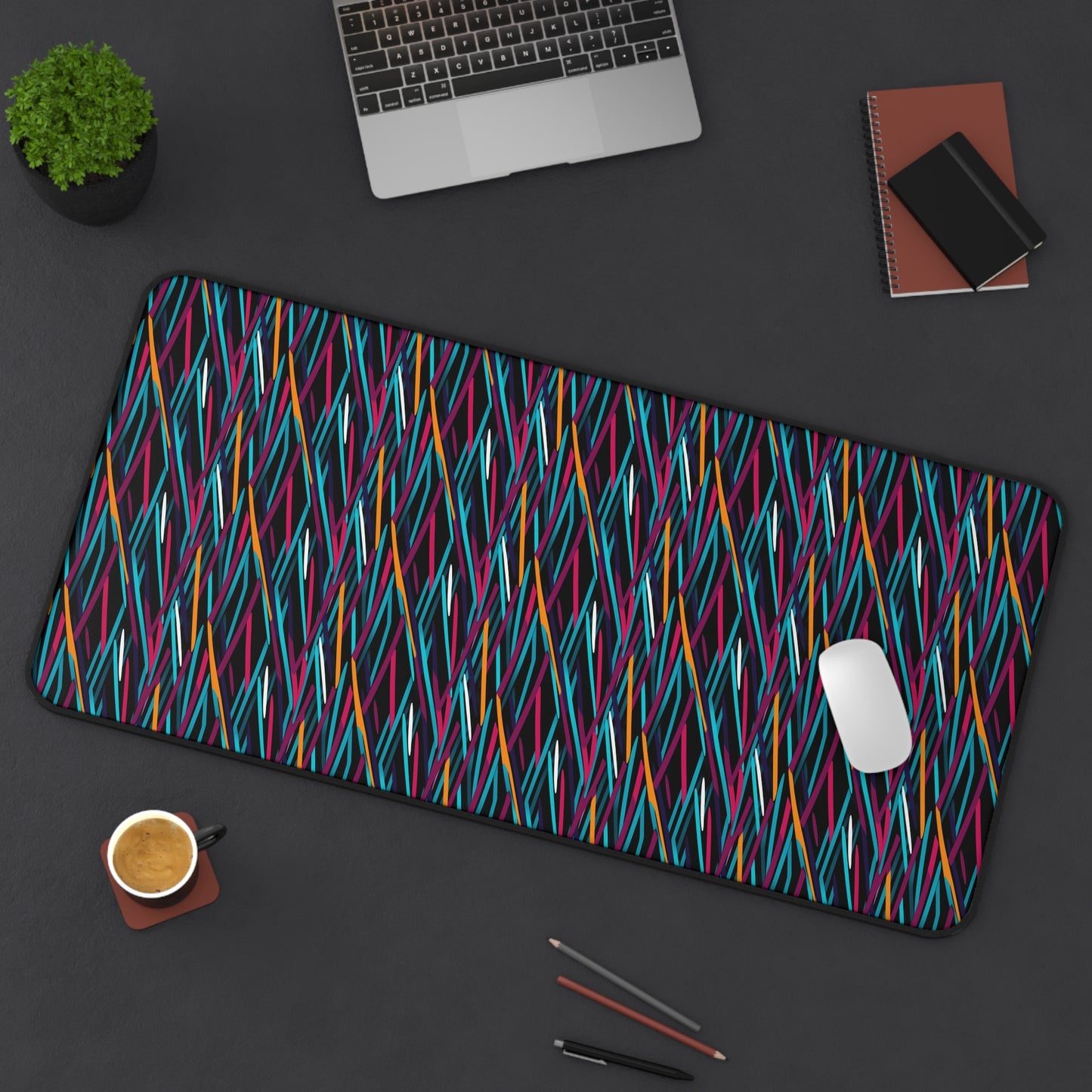 Colorful Artistic Stright Yellow Purple Blue Lines Pattern Desk Mat