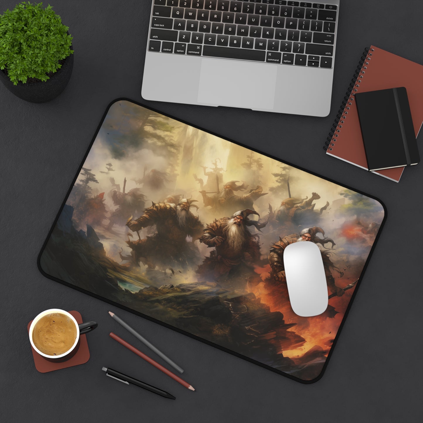 Epic Fantasy Friends Collection - "7 Battle-Dwarves" Watercolor Art Work Design - Neoprene Gaming Desk Mat / Cover