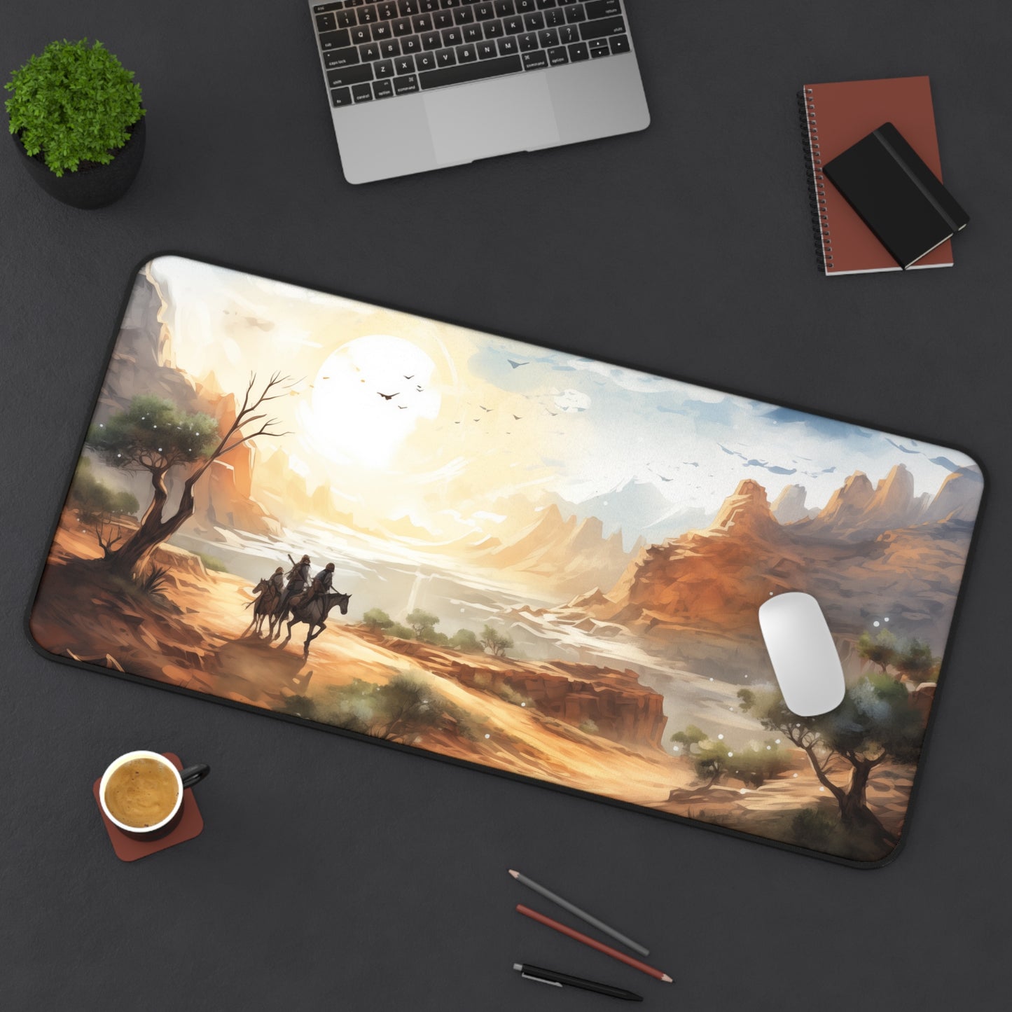 Epic Fantasy Friends Collection - "Mighty Crater of Desert-Valley" Watercolor Art Work Design - Neoprene Gaming Desk Mat / Cover