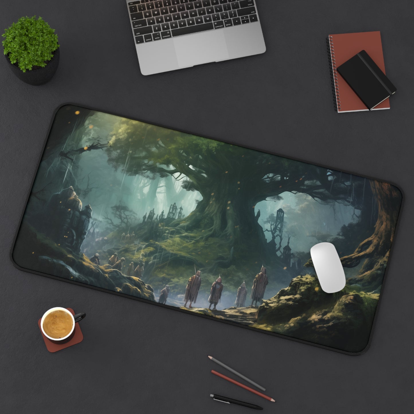 Epic Fantasy Friends Collection - "Welcome in Elven Forest" Watercolor Art Work Design - Neoprene Gaming Desk Mat / Cover