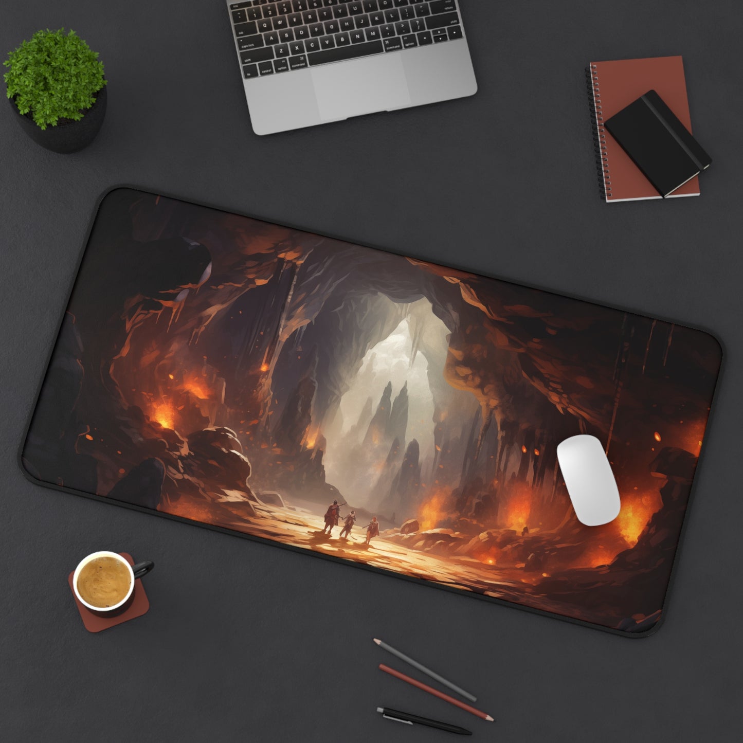 Epic Fantasy Friends Collection - "Leaving Cave of Doom" Watercolor Art Work Design - Neoprene Gaming Desk Mat / Cover