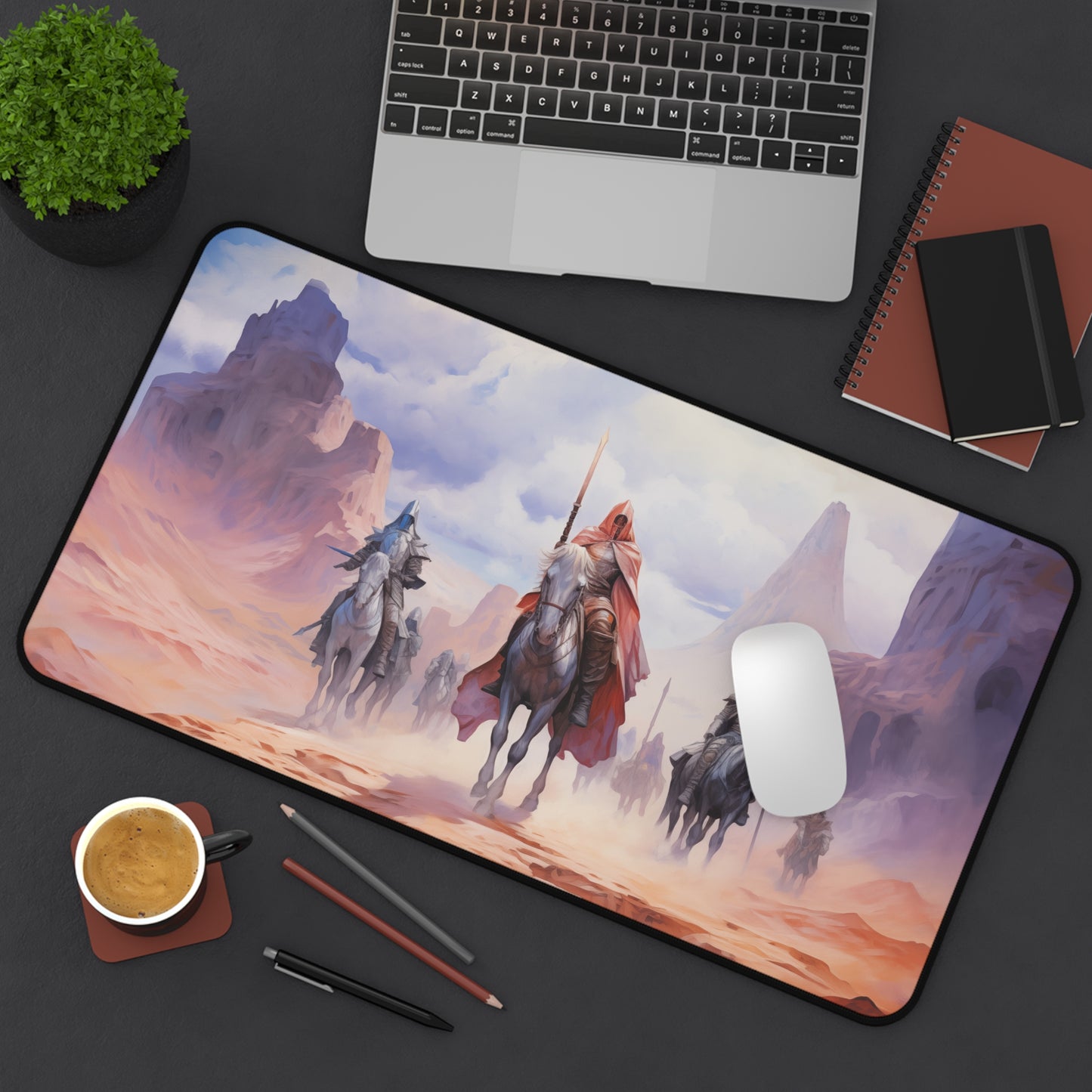 Epic Fantasy Friends Collection - "Mystical Guardians of the Desert" Watercolor Art Work Design - Neoprene Gaming Desk Mat / Cover