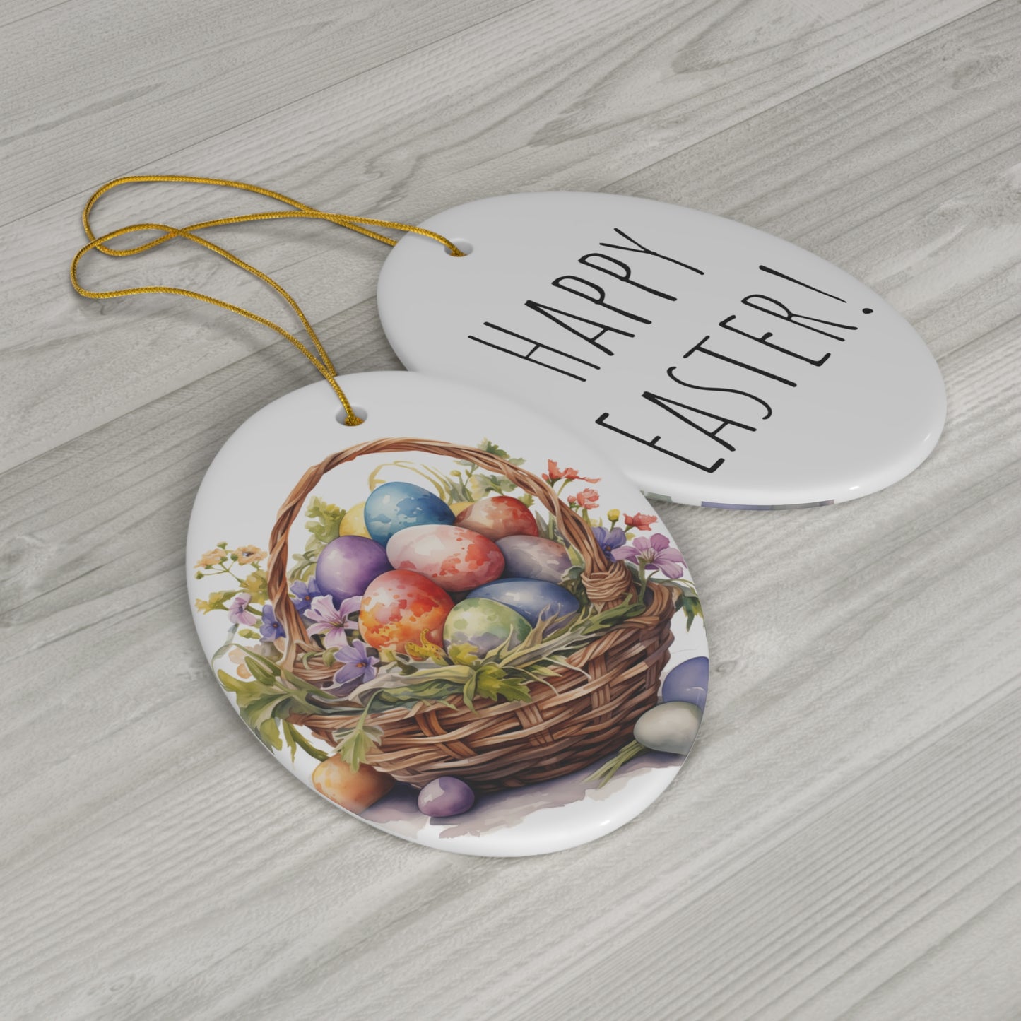 Happy Easter Egg Flower Basket Watercolor Design Ceramic Ornament, 1-Pack