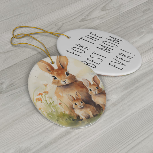 Happy Mother's Day / Mother Love / Best Mom -  Exquisite Baby Rabbit Watercolor Design Ceramic Ornament - Perfect Mothers Day Gift, 1-Pack