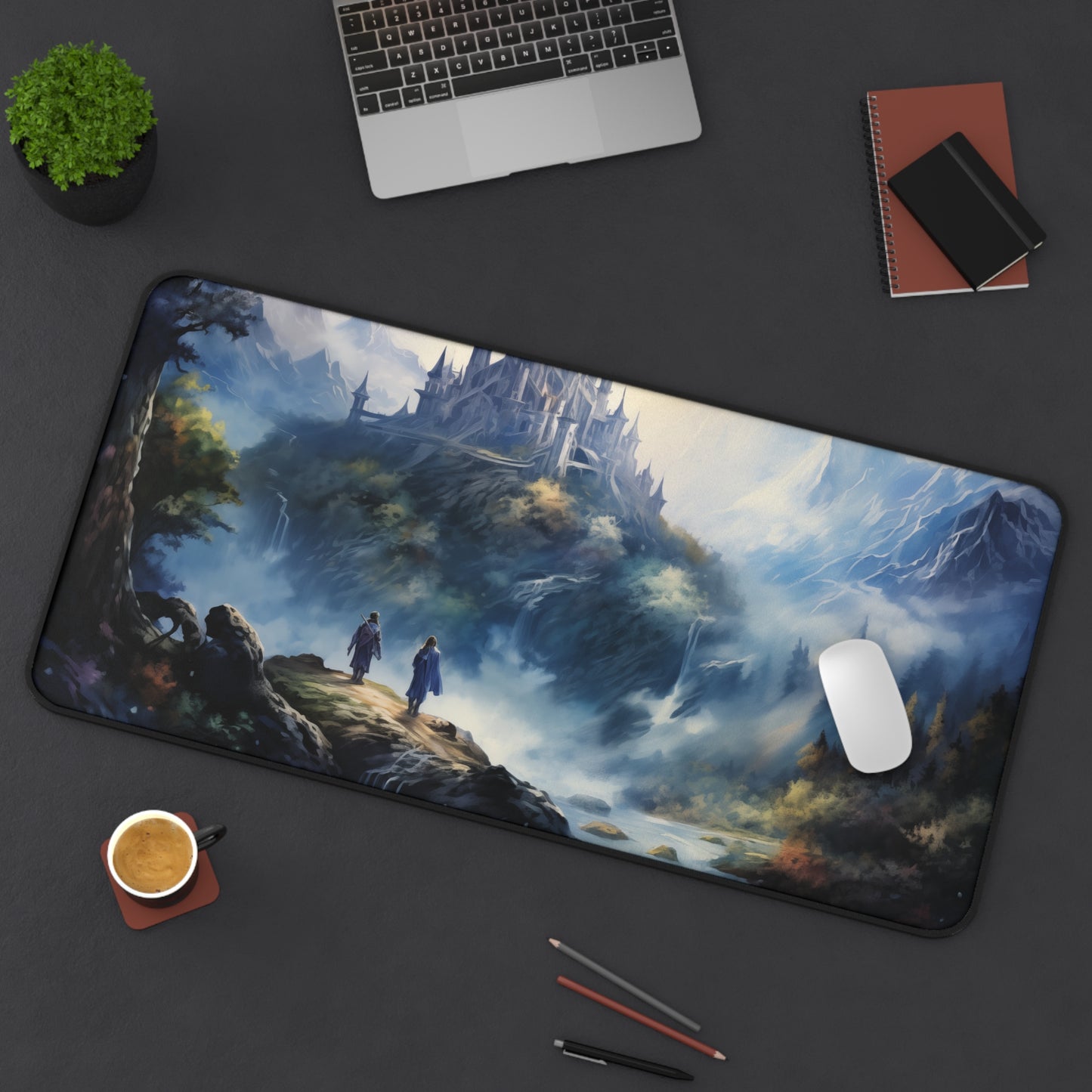 Epic Fantasy Friends Collection - "First Glance at Fortress Hope" Watercolor Art Work Design - Neoprene Gaming Desk Mat / Cover