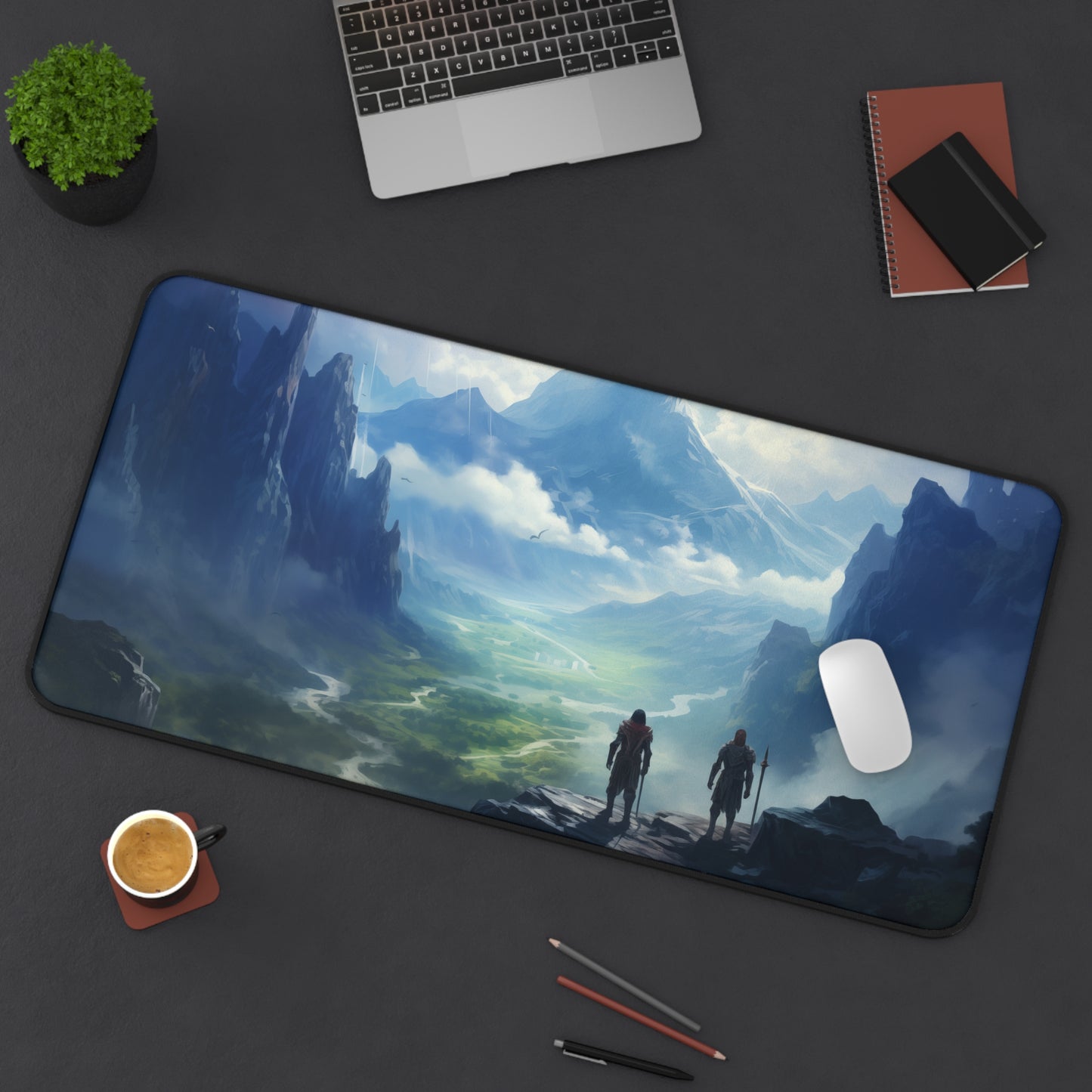 Epic Fantasy Friends Collection - "Reaching Elven Valley" Watercolor Art Work Design - Neoprene Gaming Desk Mat / Cover