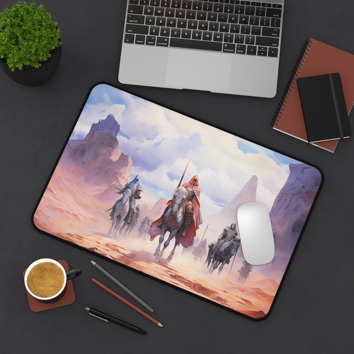 Epic Fantasy Friends Collection - "Mystical Guardians of the Desert" Watercolor Art Work Design - Neoprene Gaming Desk Mat / Cover