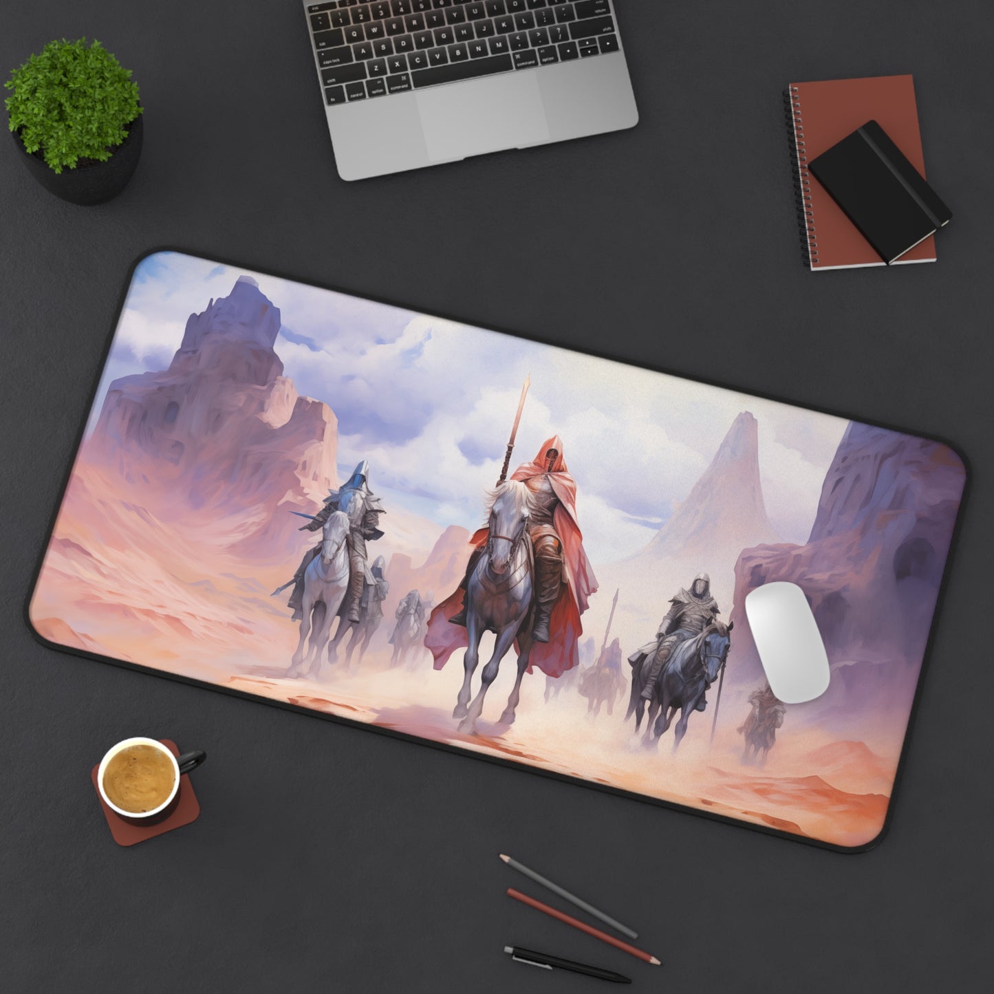 Epic Fantasy Friends Collection - "Mystical Guardians of the Desert" Watercolor Art Work Design - Neoprene Gaming Desk Mat / Cover