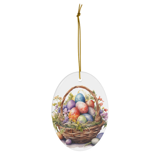 Happy Easter Egg Flower Basket Watercolor Design Ceramic Ornament, 1-Pack