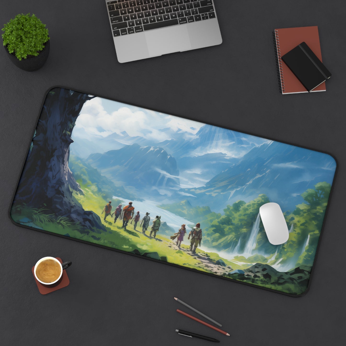 Epic Fantasy Friends Collection - "Beginning of a Long Journey" Watercolor Art Work Design - Neoprene Gaming Desk Mat / Cover