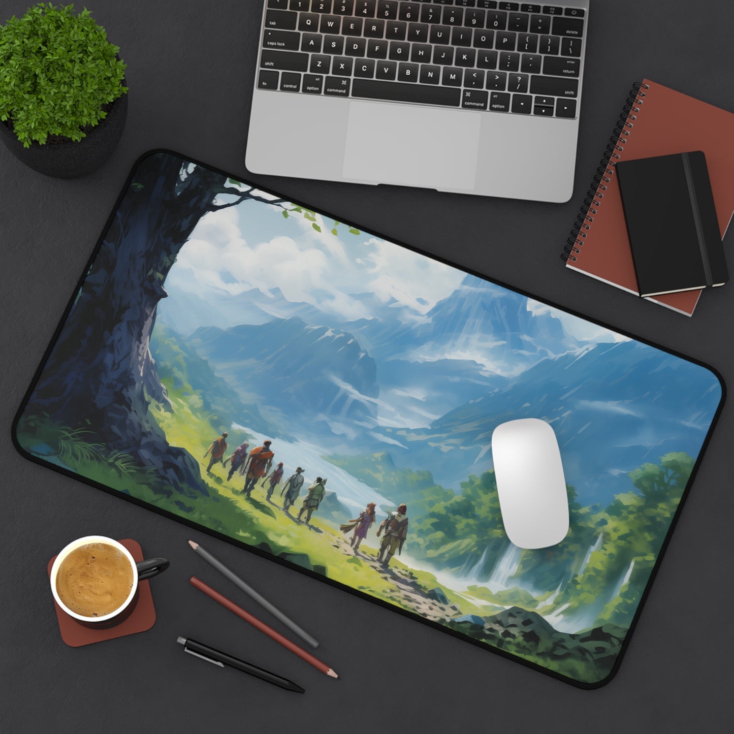 Epic Fantasy Friends Collection - "Beginning of a Long Journey" Watercolor Art Work Design - Neoprene Gaming Desk Mat / Cover