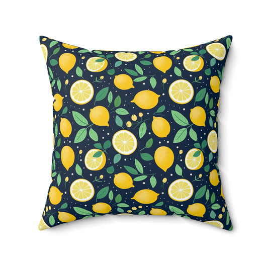 Gardening Lovers Collection - Relaxing Dark Blue Fresh Stylish Summer Lemon Citrus Pattern Pillow - Spun Polyester Square Pillow