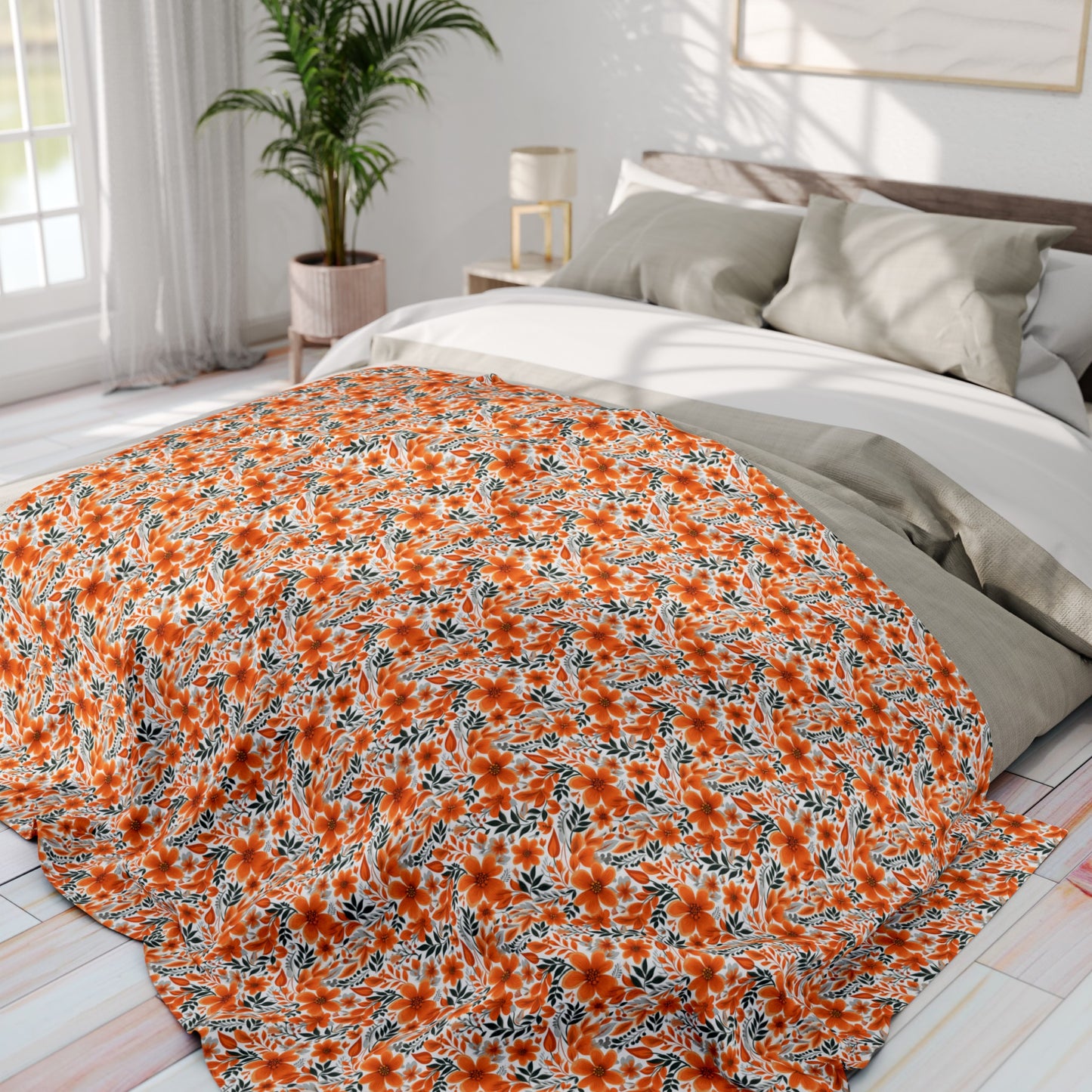 Wonderful Orange Floral Flower Summer Pattern Style Design Arctic Fleece Blanket