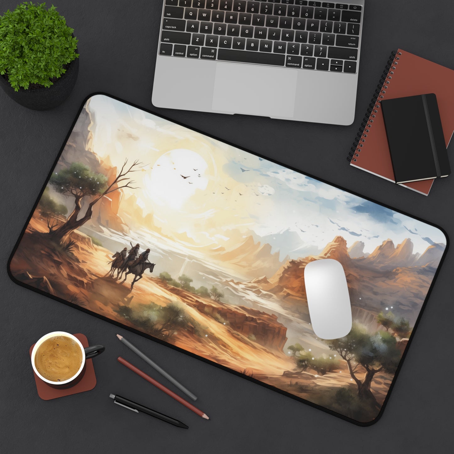 Epic Fantasy Friends Collection - "Mighty Crater of Desert-Valley" Watercolor Art Work Design - Neoprene Gaming Desk Mat / Cover