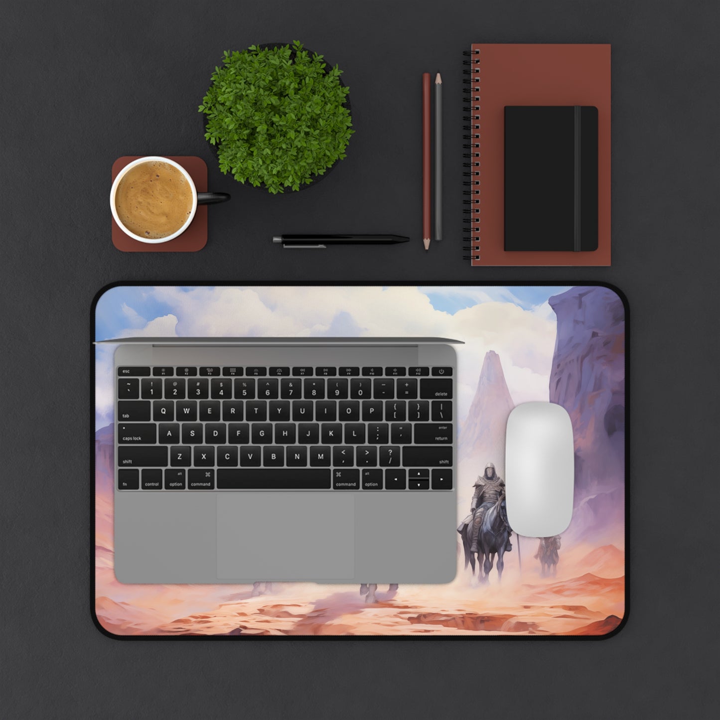 Epic Fantasy Friends Collection - "Mystical Guardians of the Desert" Watercolor Art Work Design - Neoprene Gaming Desk Mat / Cover