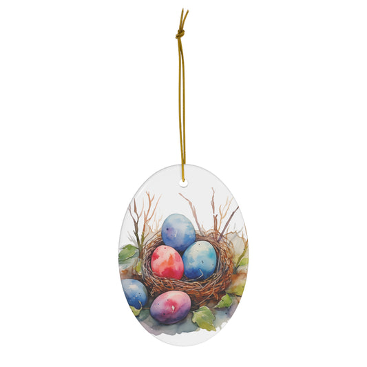 Happy Easter Egg Basket Watercolor Design Ceramic Ornament, 1-Pack