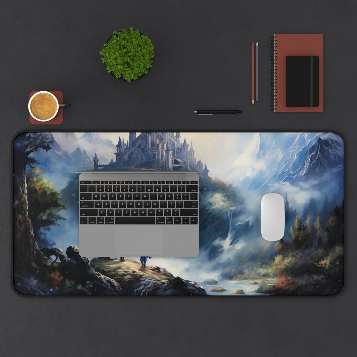 Epic Fantasy Friends Collection - "First Glance at Fortress Hope" Watercolor Art Work Design - Neoprene Gaming Desk Mat / Cover